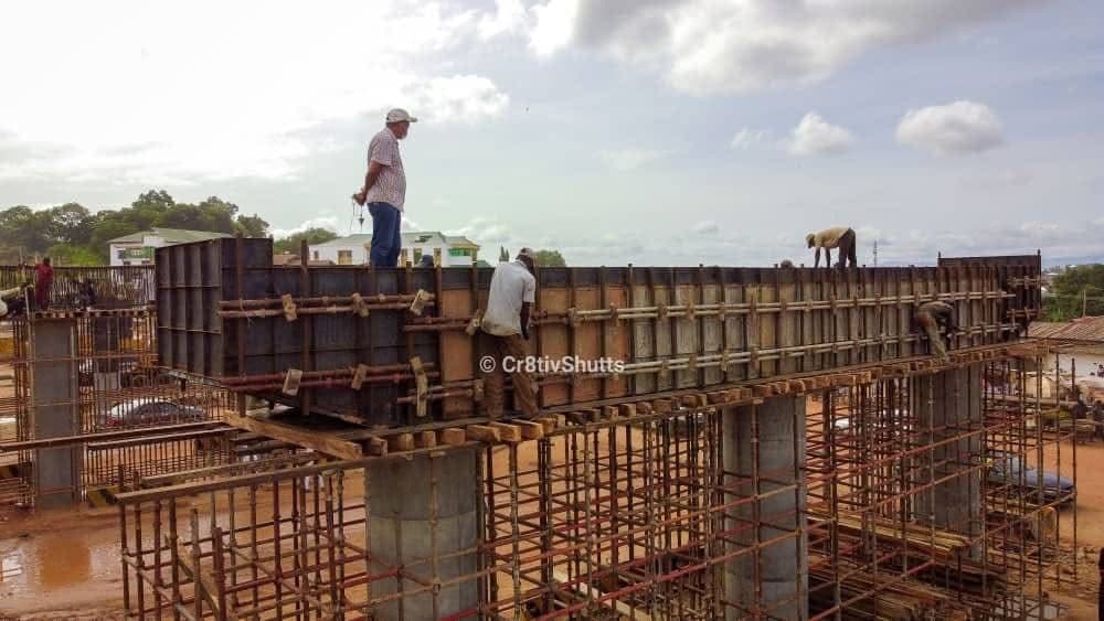 Workers on the Ganaja Flyover formwork during construction